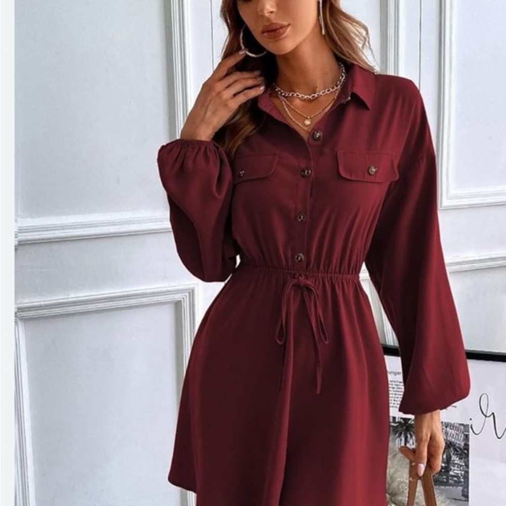 Loft Ann Taylor Brown Button-Up Dress with Drawstring Waist colour Maroon Size M